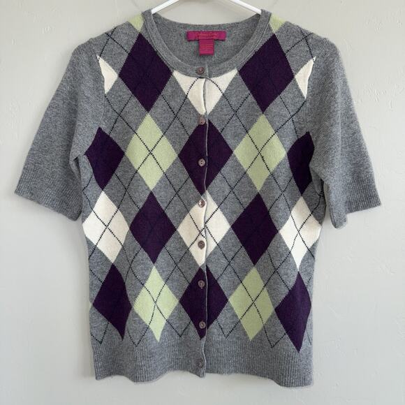 Cashmere Cache Woman’s Button Up Short Sleeve Argyle Sweater Gray Purple Size S - Picture 1 of 6